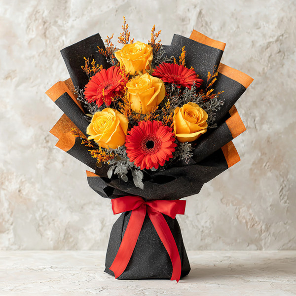 Flame in Bloom — Featuring Red Gerberas & Yellow Roses