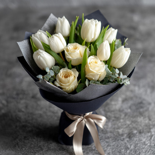 Moonlit Silence — White Tulip and Rose Elegance
